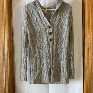 Faded Glory Woman’s Cable Knit Sz 16 Hooded Pullover Sweater Lt Brown 3 Buttons